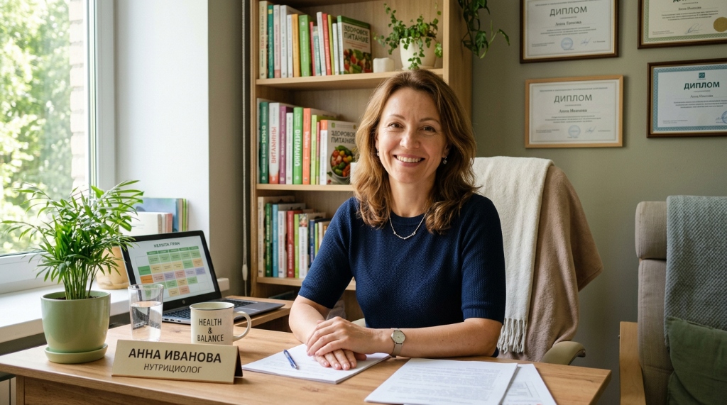 Anna táplálkozási tanácsadó a tanácsadó irodájában